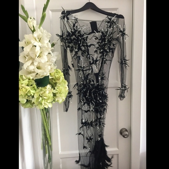 BLACK REAL FEATHER BEADED EMBELLISHED GOWN DRESS - Picture 3 of 12